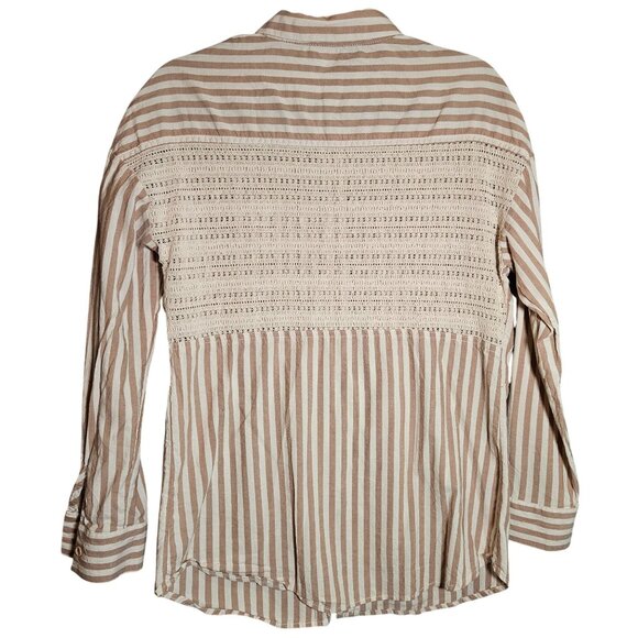 Striped Button-Up Shirt  Womans Crochet Back Panel Beige White Size Med Boho - Picture 2 of 13